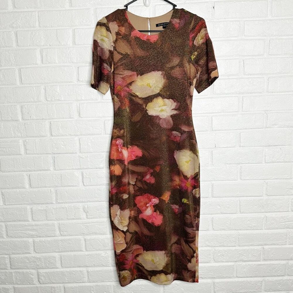 Black Halo Layne Sheath Dress Metallic Jersey Autumn‎ Glare Floral size 2